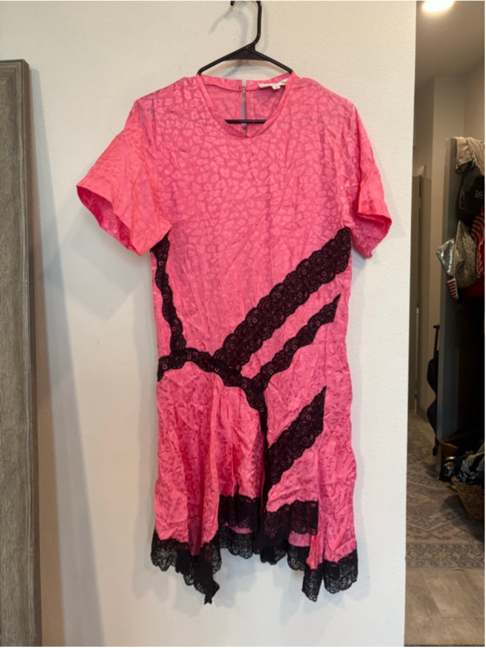 Koche Pink Leopard Satin Asymmetric Lace Trim Cocktail Tee Dress Size Small 34